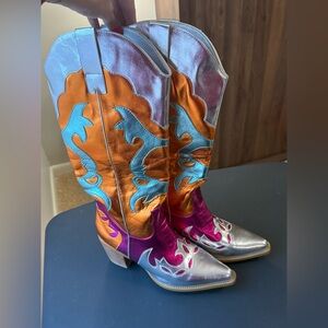 Size 10 Metallic Western Cowboy Heeled Boots - Silver, Orange, Pink, Blue